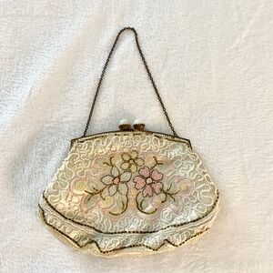 Oberon Paris Vintage Beaded Floral Evening‎ Bag Womens Size S Ivory Pink Satin